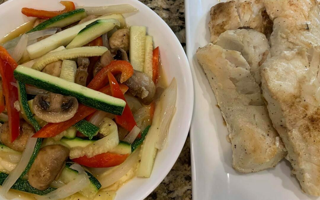 Stir-Fried Zucchini & Baked Halibut
